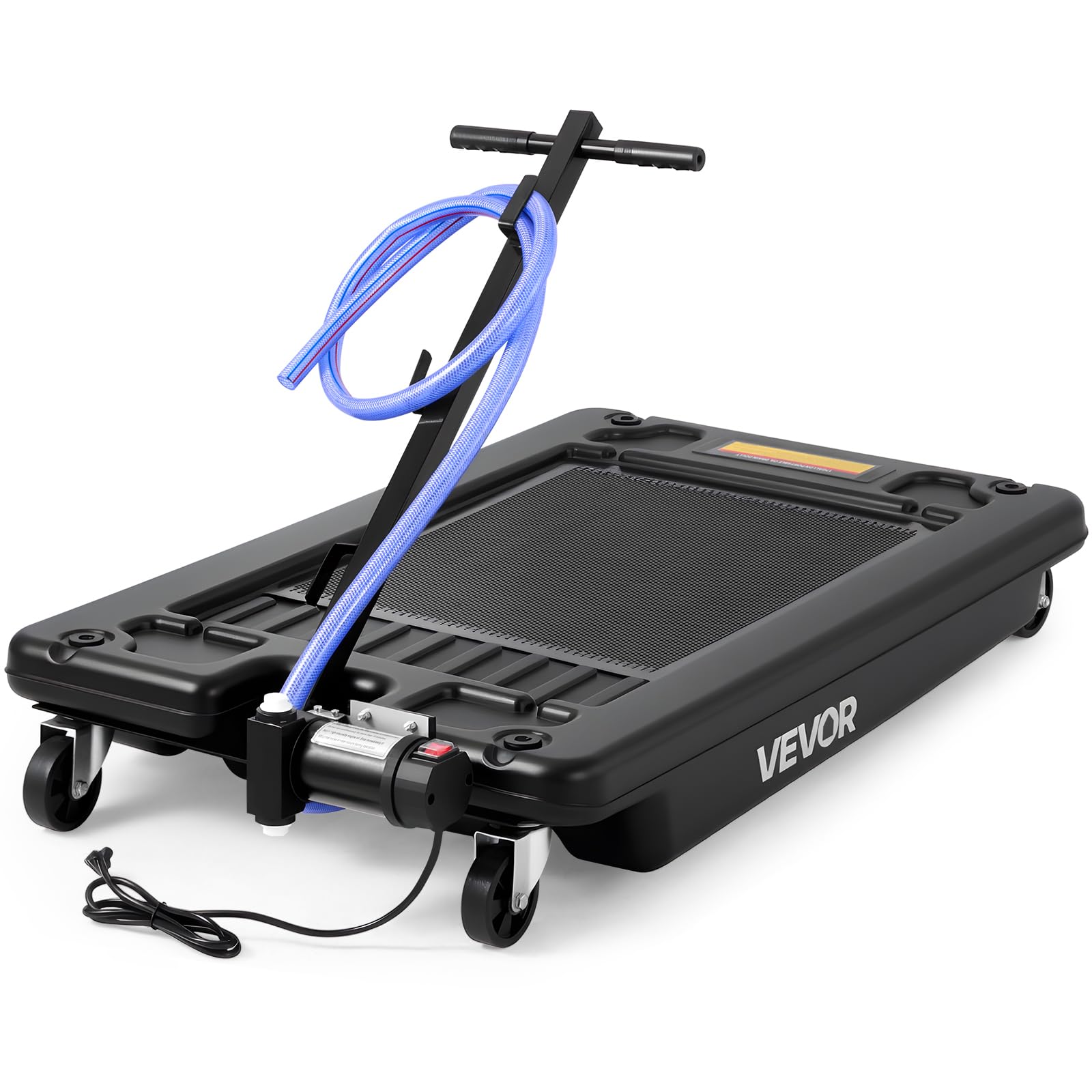 Photo 1 of ****POSSIBLY FOR PARTS / HAS DAMAGED FRONT END(HOLE)**** VEVOR Low Profile Oil Drain Pan, 17 Gallon Capacity, Rolling Oil Drain Pan with Electric Pump, 7.2 ft Hose & T Folding Handle, Leak-proof & Corrosion-resistant, Fit for Cars, SUVs, Trucks, ATVs, Bla