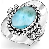 Boho-Magic Sterling Silver Larimar Ring for Women – Oval Gemstone – Handmade Jewelry for Women – Boho Style Larimar Ring – Unique Jewelry Gift for Her