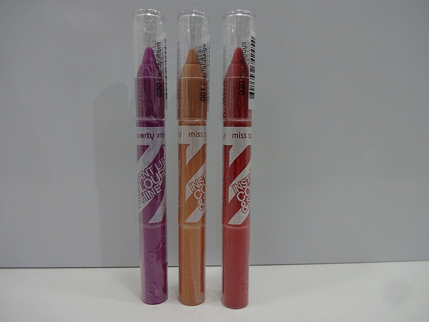 3 x Miss Sporty Instant Colour & Shine Lasting Shiny Lip Colour -001 Playful Beige + 020 Candy Plum + 030 Delipcious