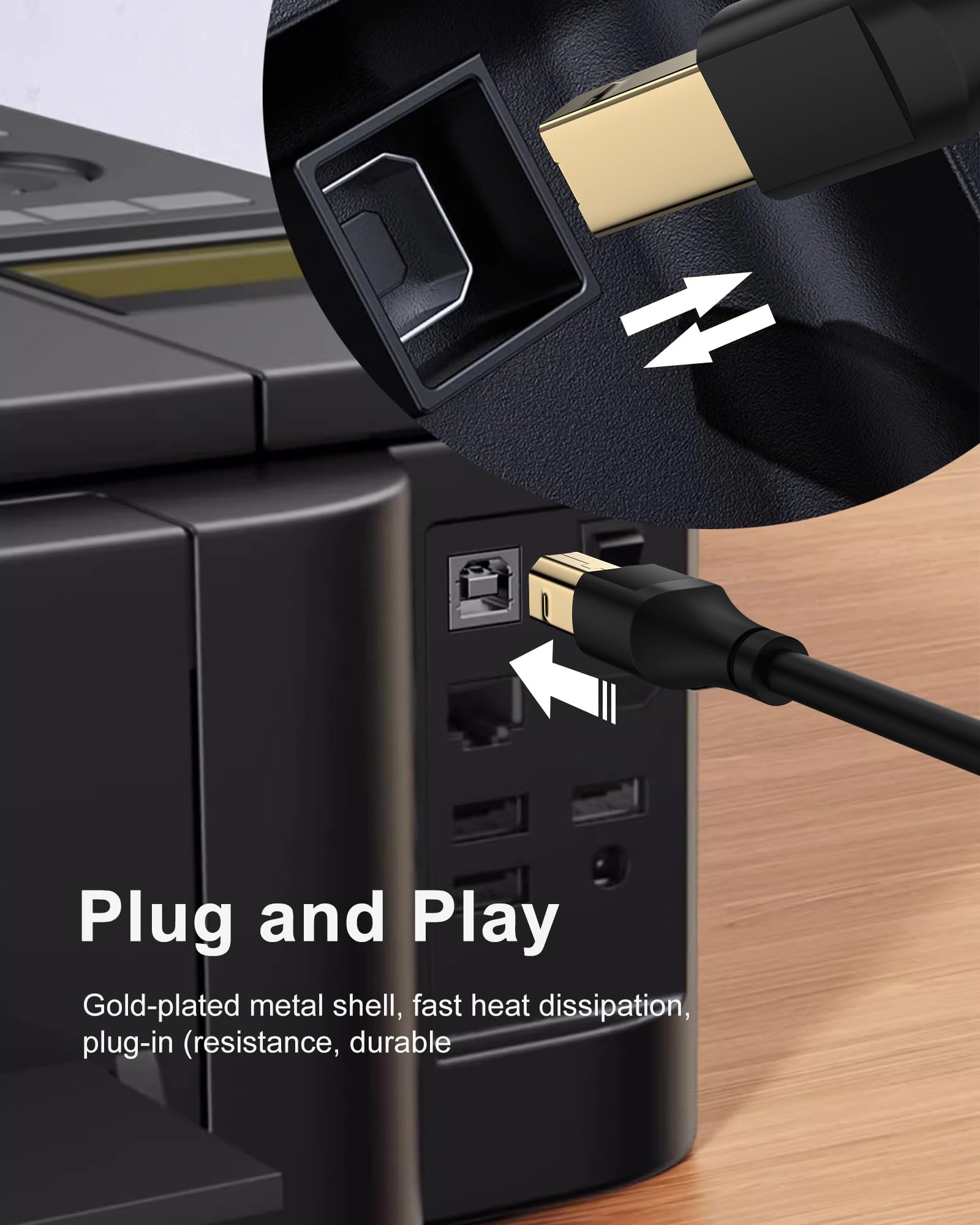 HP Printer Cable 6ft, Square USB A to USB B Cable for Printer/Scanner Epson, HP, Canon, Brother, Ethernet Print Smoothly Connect to Computer/Laptop/Pc - USB 2.0 Type B Impresora Midi Long Cord, 6 Foot