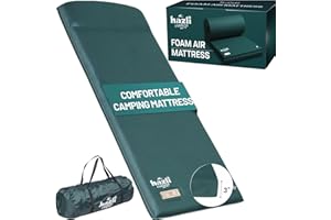 hazli ComfortMax Self Inflating Foam Camping Mattress with Pillow and Pump - Comfortable Roll Up Mattress Air Bed - Adults Floor or Cot Sleeping Pad - Portable Camp BedRoll Sleep Mat (75" x 27" x 3")