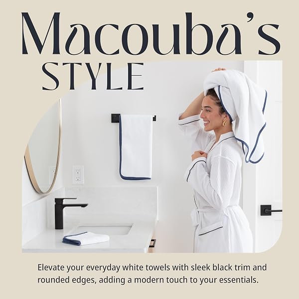 MACOUBA BATH TOWELS FOR BATHROOM BATH TOWEL SET – WHITE TOWELS WITH BLUE TRIM – LUXURY SET OF 6 – BATHROOM TOWELS SET, WHITE NAVY BLUE TOWELS – 2 WHITE BATH TOWELS, 2 HAND 2 FACE