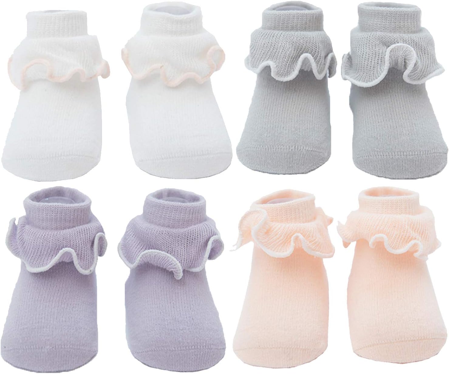 4 Pairs Babys Lace Trim Sock Toddlers Infants Ripple Edge Cotton Crew Socks, B04