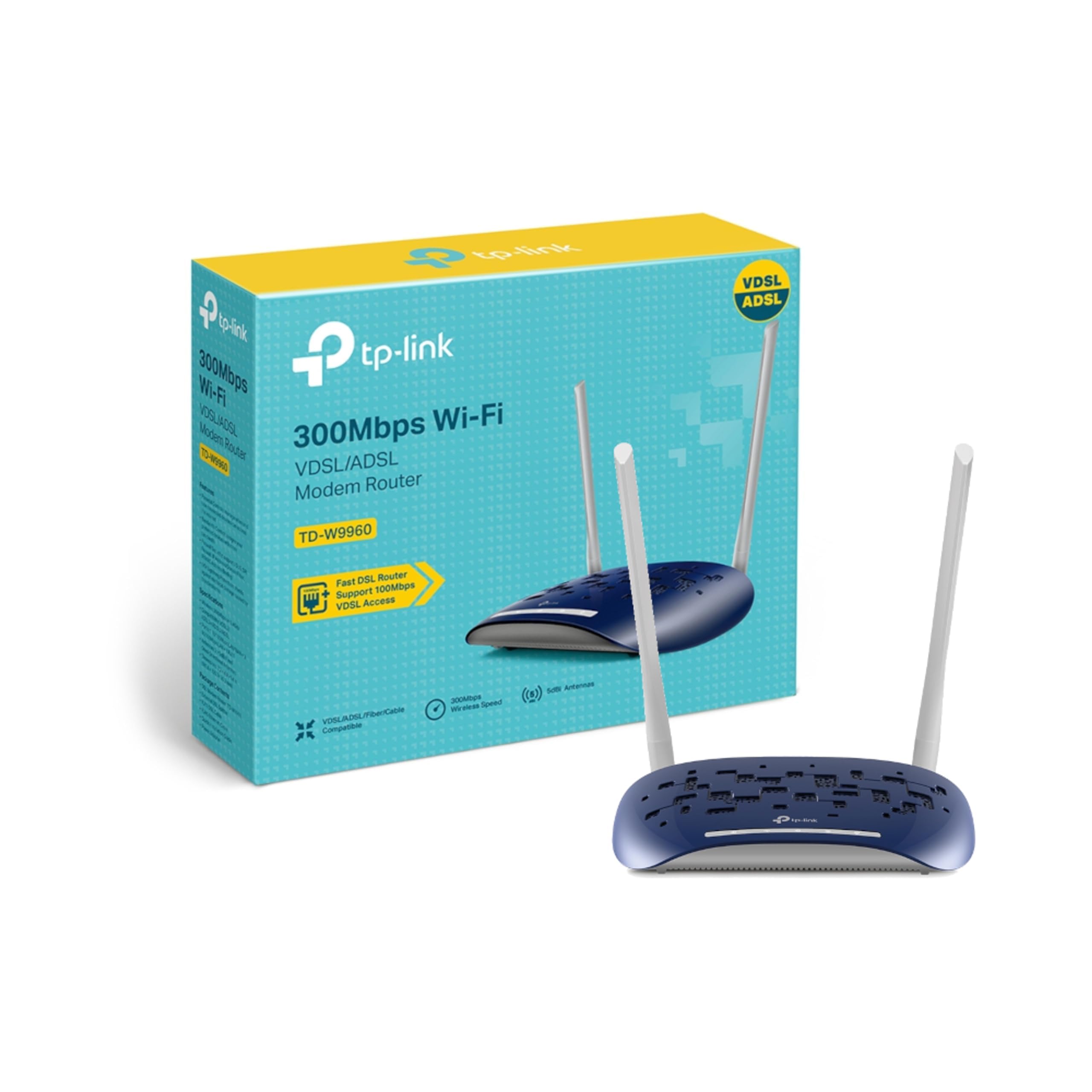 TP-Link 300 Mbps Wireless N VDSL/ADSL Modem Router, Single-Band, Broadband Speed Up To 100 Mbps, Versatile Connectivity, 4x Fast Ports, TP-Link Tether App, Easy setup (TD-W9960)