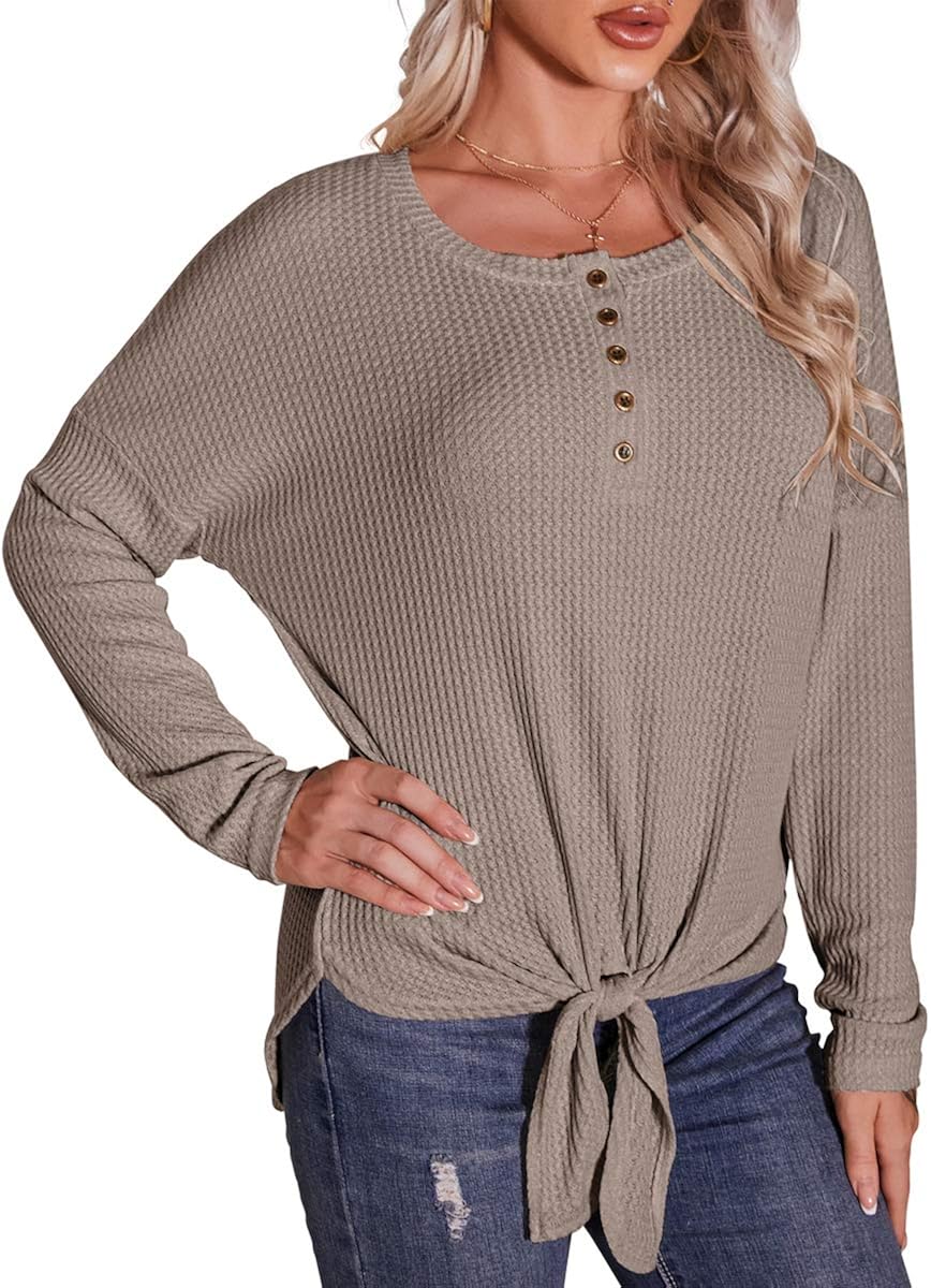 IWOLLENCE Womens Waffle Knit Tunic Button Up Shirts Tie Knot Front Tops Loose Pullover Blouses at  Women’s Clothing store