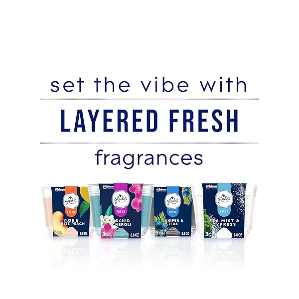 GLADE CANDLE JUNIPER & TEAK, FRESH COLLECTION, FRAGRANCE CANDLE INFUSED WITH ESSENTIAL OILS, AIR FRESHENER CANDLE, 3-WICK CANDLE, 6.8 OZ