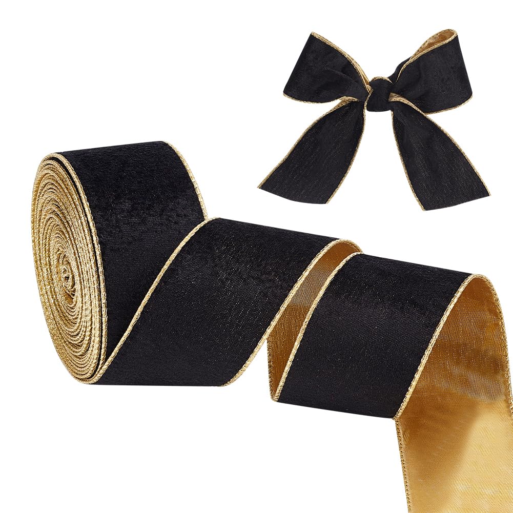 OLYCRAFT 9.1m Gold and Black Soft Velvet Wired Ribbon 65mm Velvety Gold Crushed Ribbons 1mm Thick Wired Black Flat Cotton Ribbons with Golden Backing for Present Wrapping Christmas Crafts