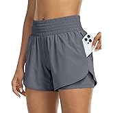 YEZII Womens High Waist Running Shorts Athletic Workout Quick Dry Shorts for Women with Pockets Gym Yoga White Summer Shorts