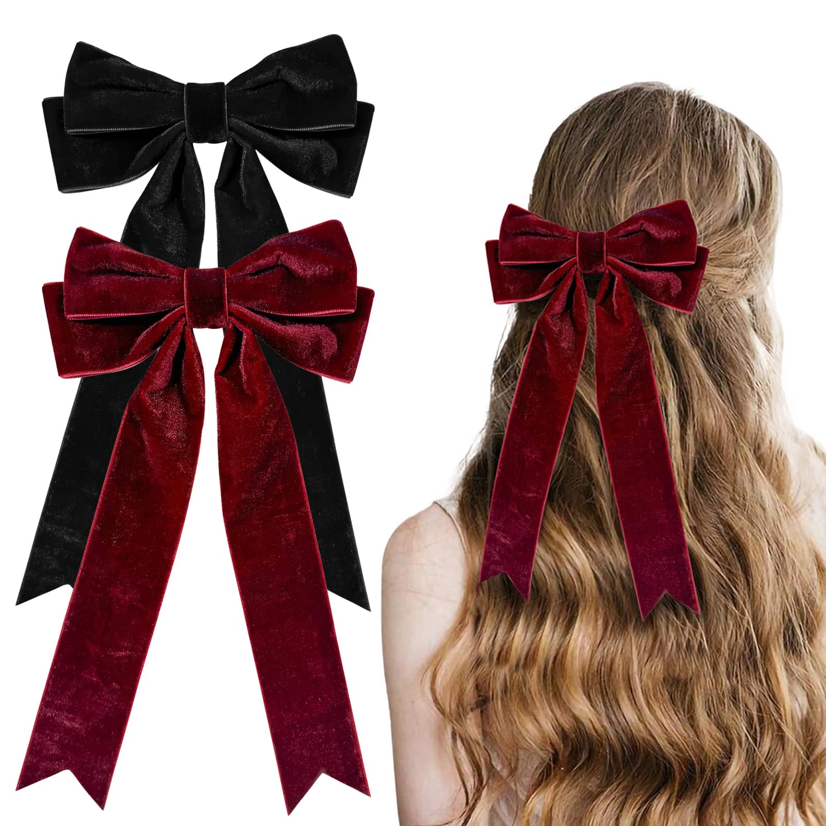 DMQ Velvet Hair Bows, 2Pcs Black Red Big Bow Hair Clips Set - Bowknot Metal Spring Clip with Long Tail Hair Ribbons Ponytail Holder French Barrettes Hair Accessories for Women Christmas Gifts