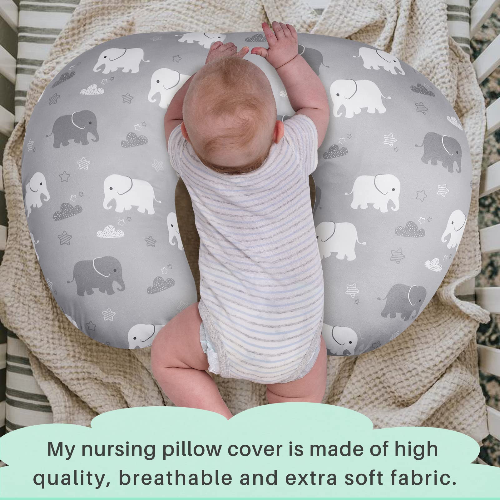 TANOFAR Nursing Pillow Cover, Elephant Breastfeeding Pillow Slipcover for Baby Boys & Girls, Animal Nursing Pillow Case for Newborn, Soft Fabric Fits Snug On Infant, Washable & Breathable