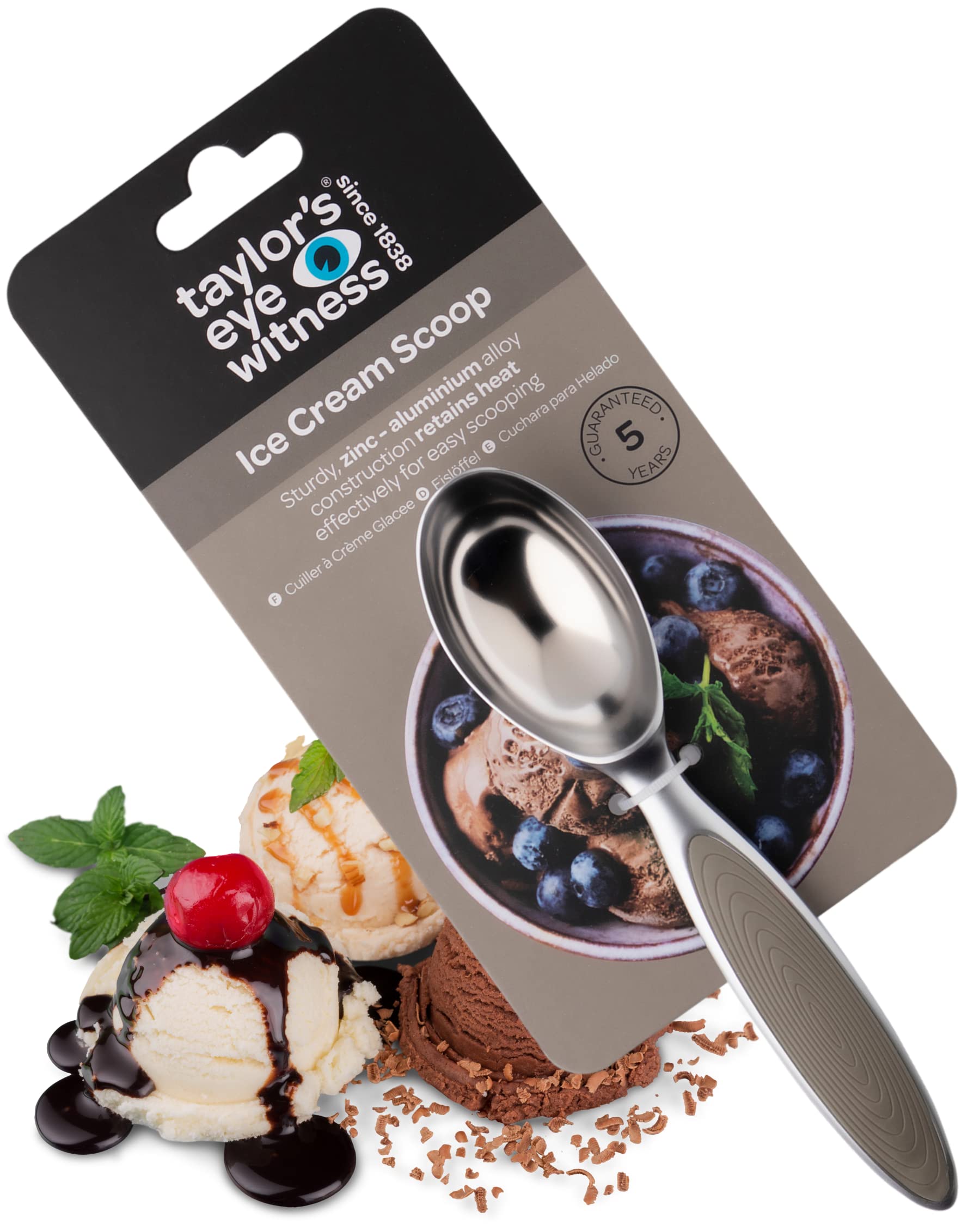 Aluminum Spoon Ice Cream Scoop - Taylor Eye Witness. Easy to use. Grey Coloured Accessory for Tackling Frozen Dessert, Dishwasher Safe. Suitable Tool for Making Balls Out of Melon and Other Fruit
