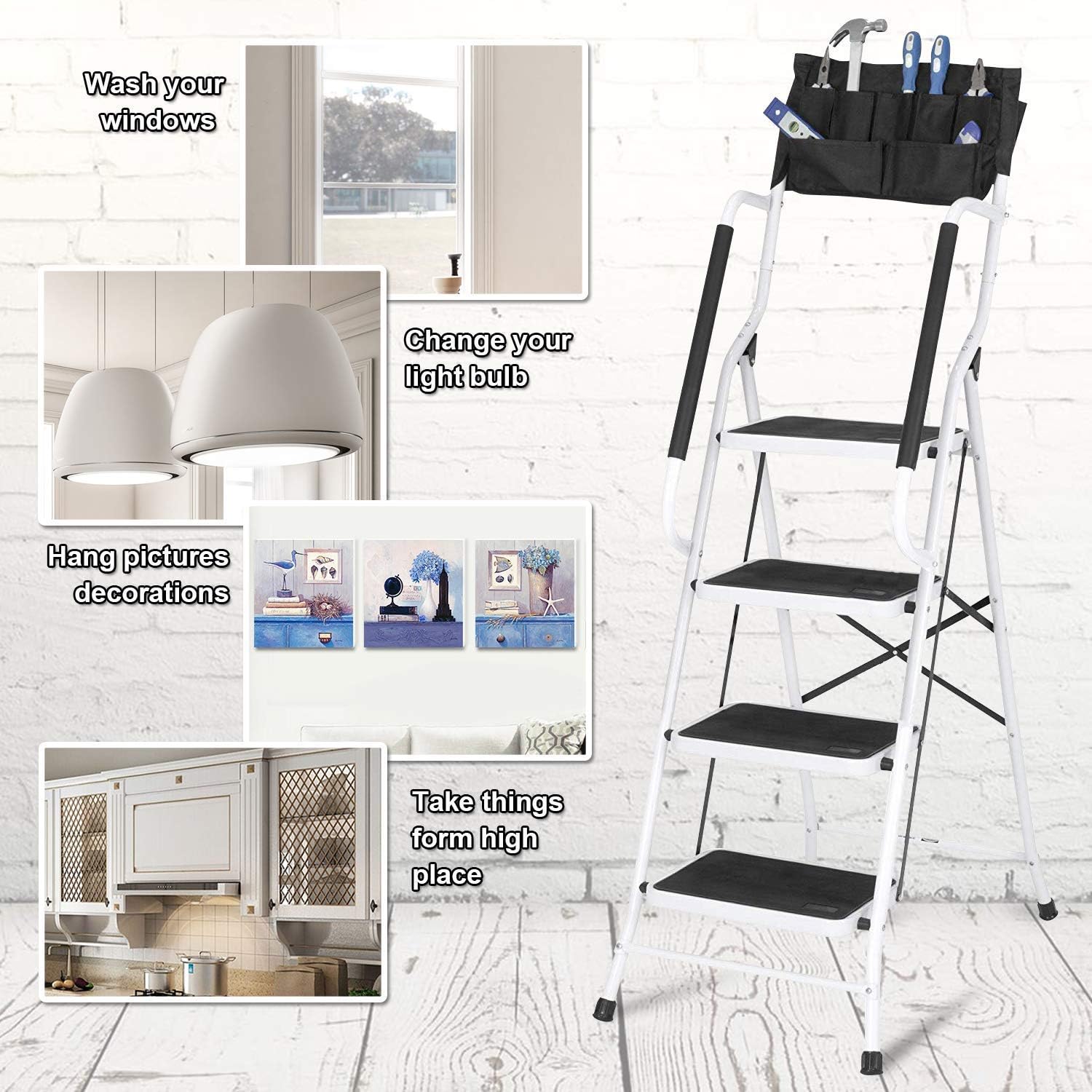 4 Step Ladder Tool Ladder Folding Portable Steel Frame MAX 500 lbs Non-Slip Side armrests Large Area Pedals Detachable ToolBag Suitable for Home Office Engineering: Home & Kitchen