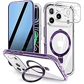 [Built-in Anti Peep Screen Protector & Invisible Magnetic Kickstand] Privacy Case for iPhone 17 Pro Max 6.9'' [Integrated Lens Protection] [Compatible with MagSafe] Full-Body Drop Proof Case -Purple