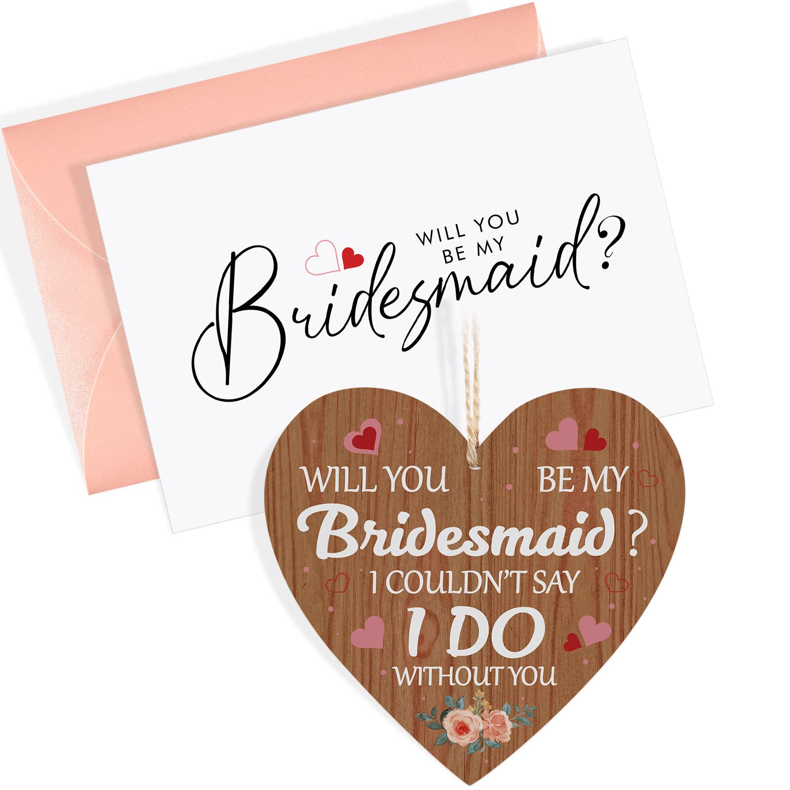 Nezyo Bridesmaid Proposal Card & Wooden Heart Plaque with Envelopes Will You Be My Bridesmaid Gift for Wedding, Bridal Shower