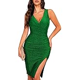 oten 2025 Women's Sexy V Neck Sleeveless Faux Wrap Sheath Side Slit Ruched Bodycon Cocktail Party Dress