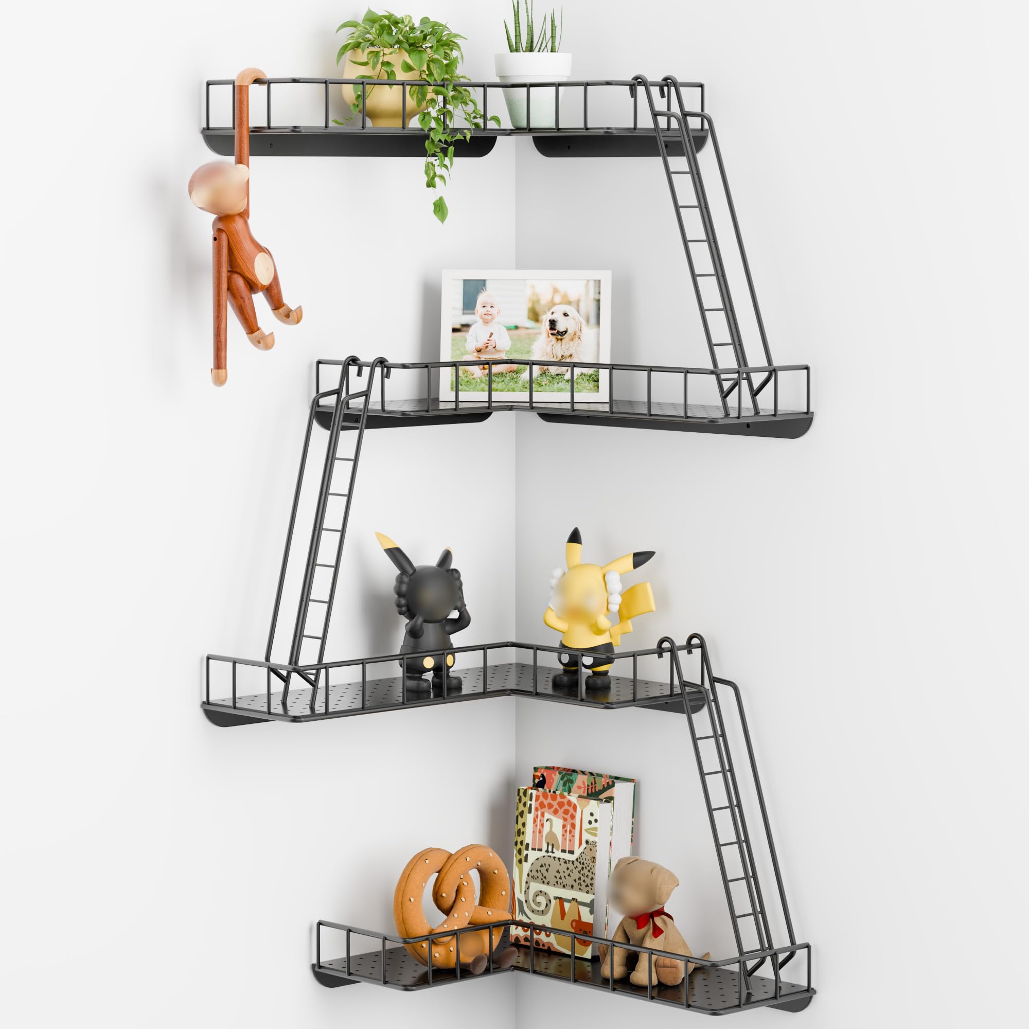 Photo 1 of WOPITMER Fire Escape Wall Shelf - Modern City Style 4-Tier Corner Wall Shelves, Easy to Install Metal Ladder Shelf for Figures, New York Decorative Shelves for Bathroom, Living Room & Home Decor,Black