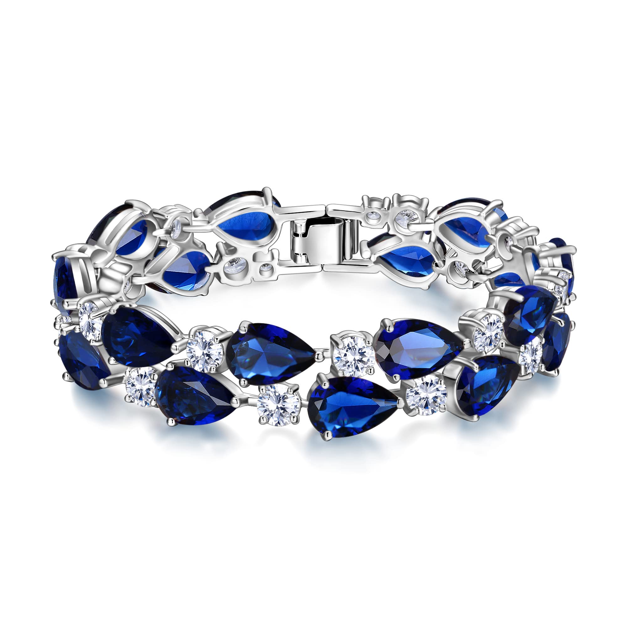 Ever Faith Cubic Zirconia Wedding Bridal Bracelet, 2 Layers Teardrop CZ Tennis Bracelet for Women Girls Blue Silver-Tone