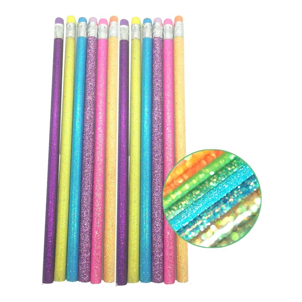 24 x Bright Sparkle Glitter Pencils With Erasers Pink Purple Silver Blue Green Yellow Party Bag Fillers