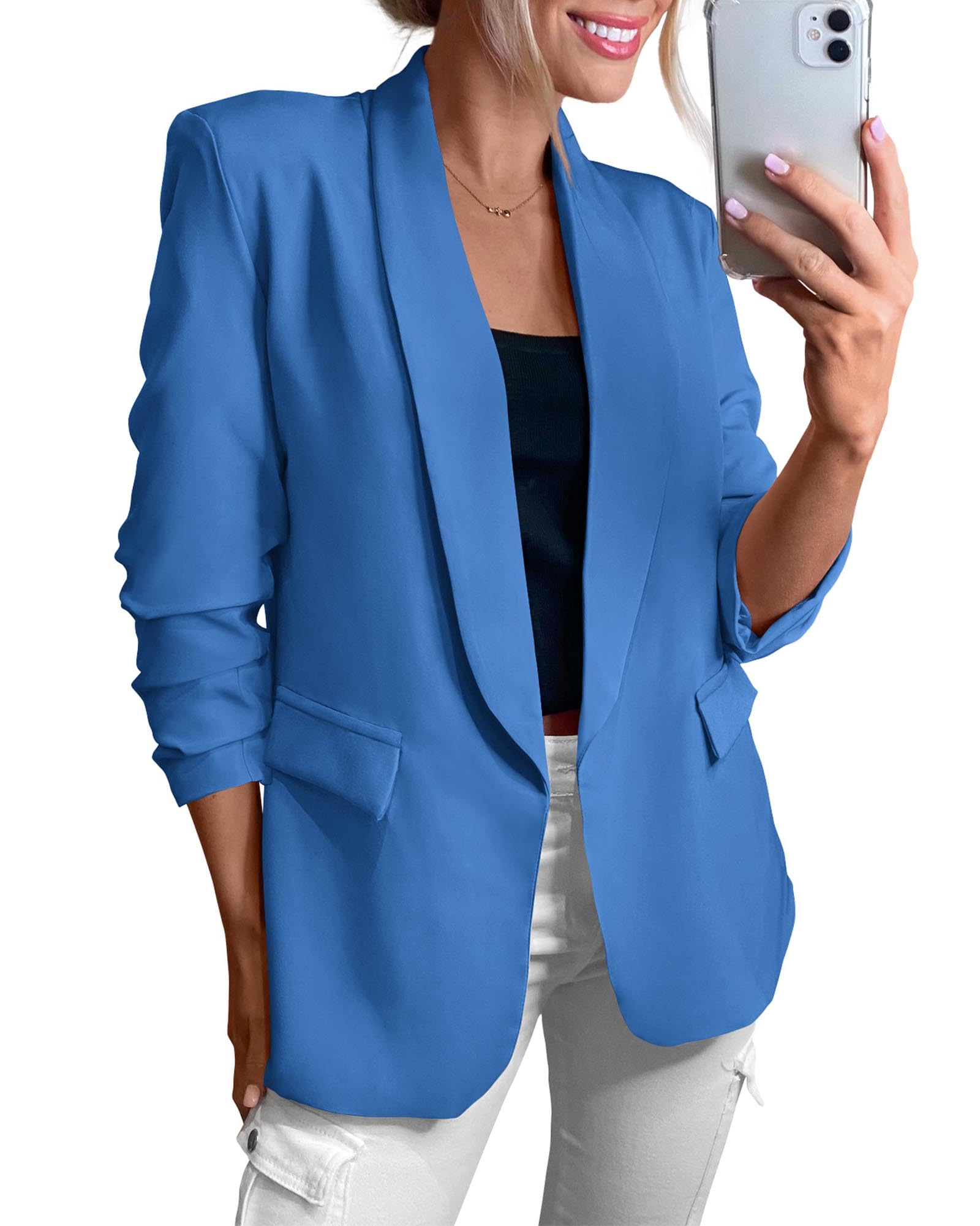 KIRUNDO Womens Blazer 2026 Spring Fall Bussiness Casual Long Sleeve Open Front Work Office Dressy Suit Jackets with Pockets(Blue, Small)