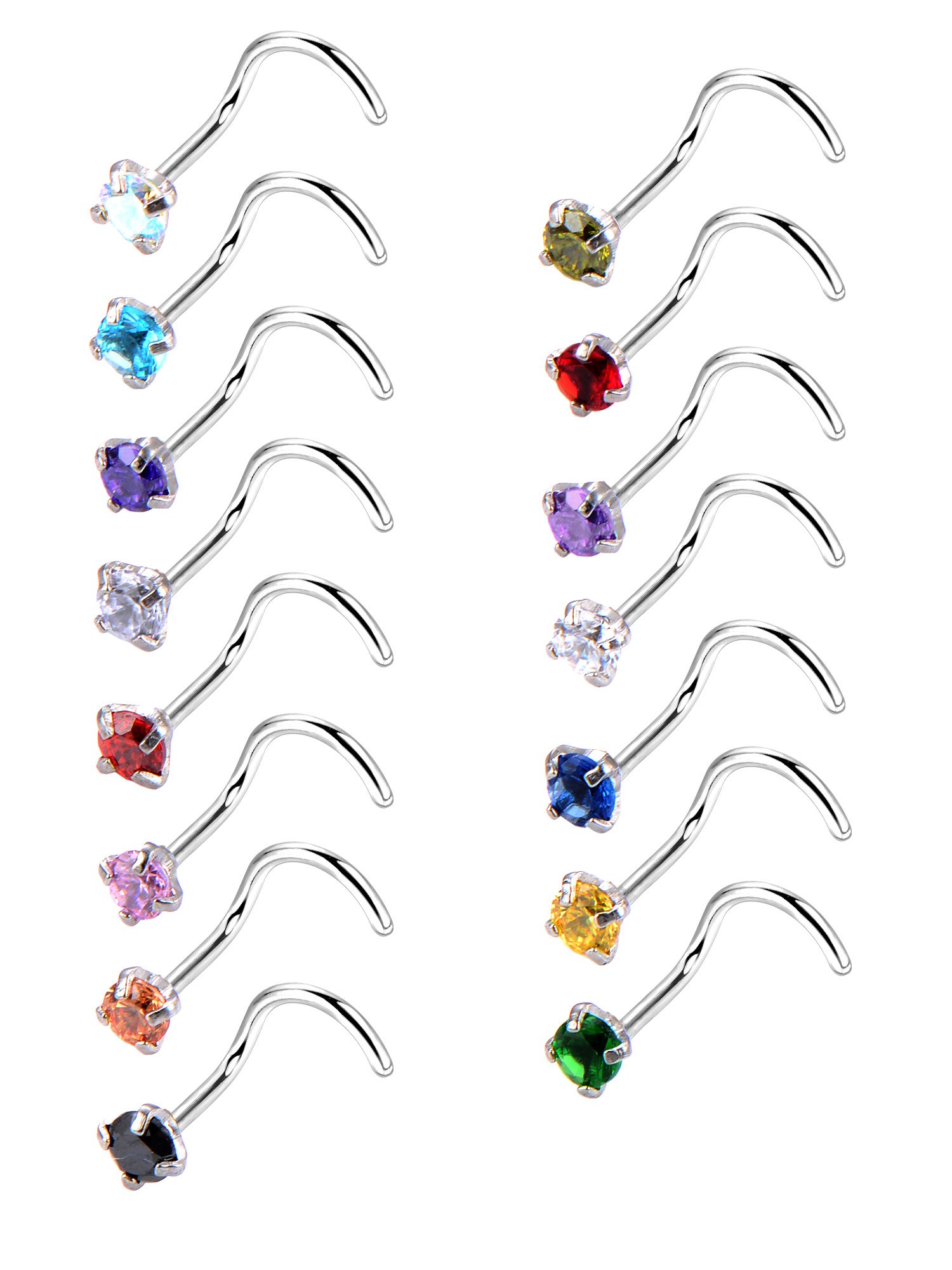 Mudder 20 Gauge 15 Piece Nose Rings Studs Curved Stainless Steel Zircon Screw Piercing Jewelry for Women Men in 15 Colors with Cubic Zirconia