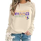 Urvatac Mardi Gras Sweatshirt for Women Funny Mardi Graphic Long Sleeve Shirts Fat Tuesday Casual Crewneck Pullover Top