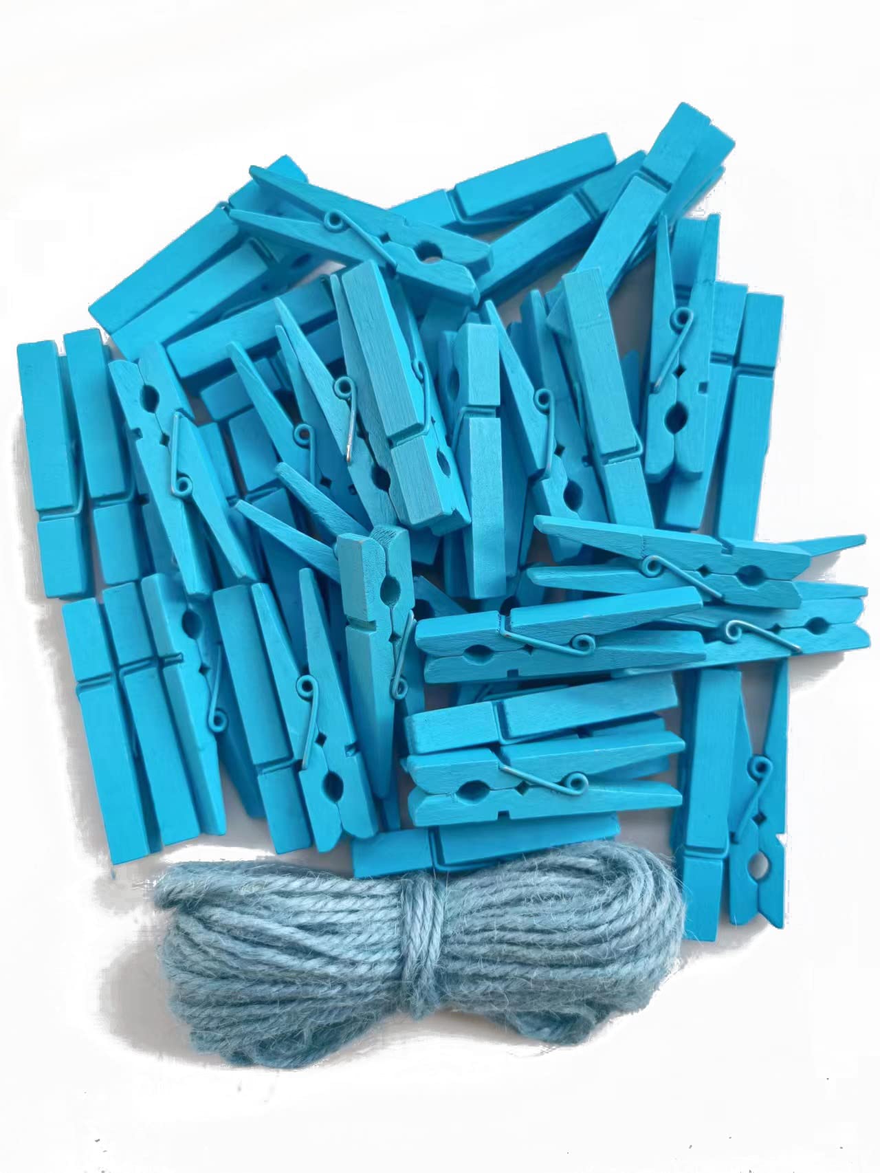 Photo 1 of 1.9" Wooden Clothespins Hanging Clothes Pins Clip Photo Holder DIY Gift Festive Party Decor with Bright Blue Jute Twine Pack 50