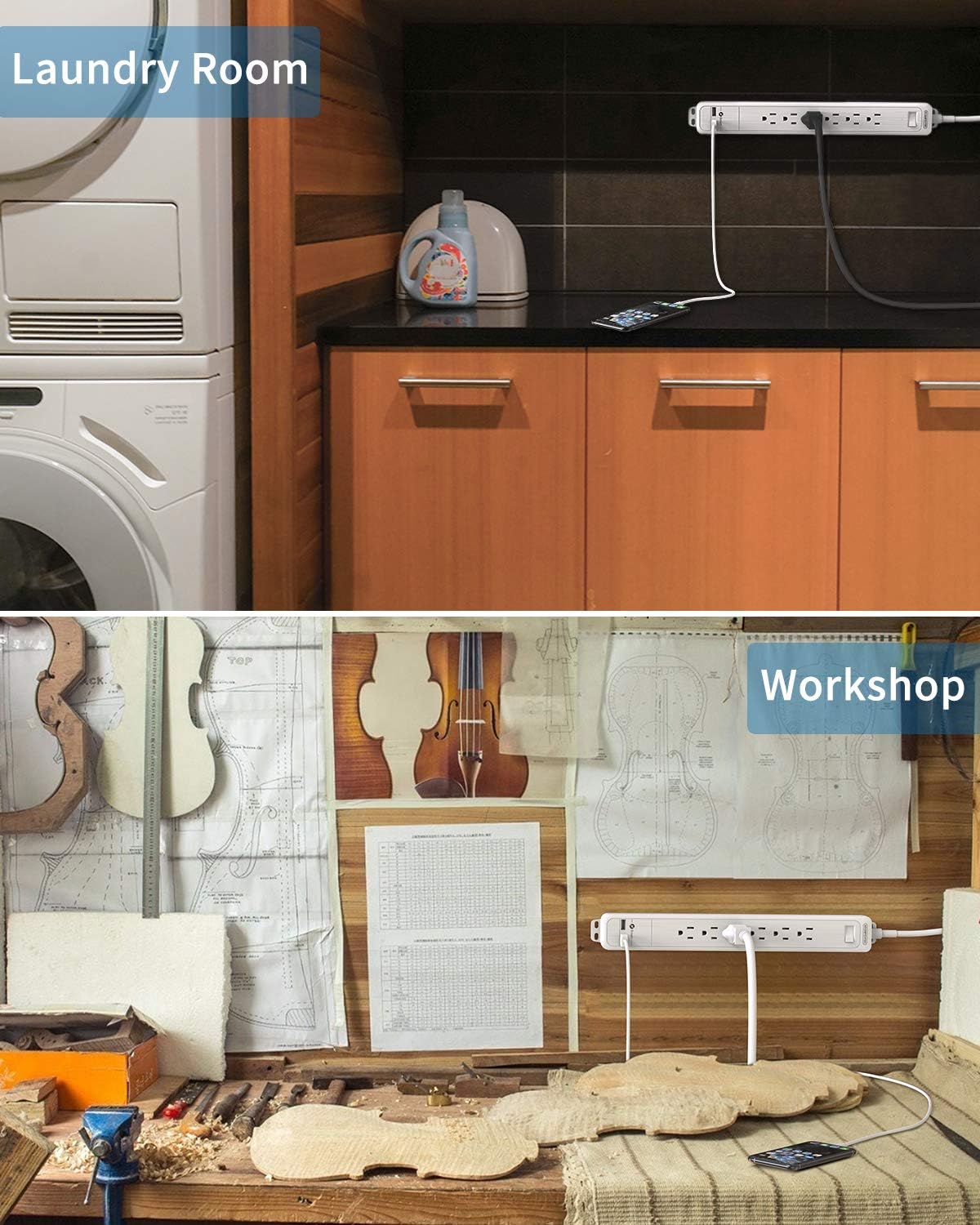 Surge Protector Power Strip Long Cord, NTONPOWER Flat Plug Power Strip with USB, 15 ft Extension Cord, 6 Outlet 2 USB Desktop Charging Station, 1080 Joules, Wall Mountable for Home and Office, White: Home Audio & Theater