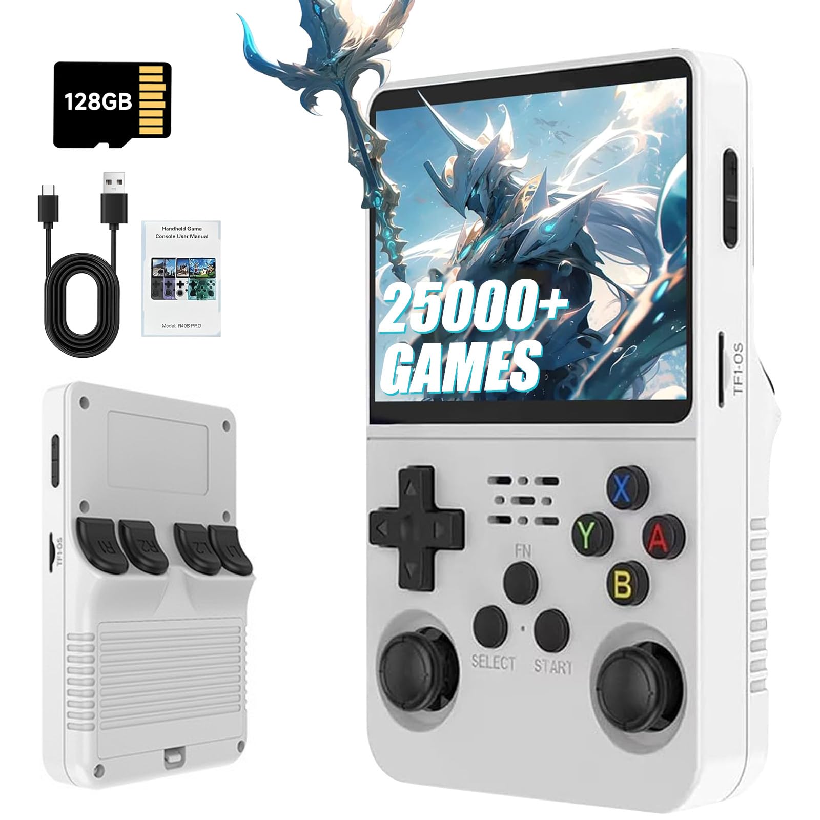 R36S Retro Handheld Games Console, 25,000+ Classic Games Portable Pocket Video Player with 3.5 Inch HD Screen, 128G TF Card, Open Source Linux System Screen for Teens and Adults (White 128G) — image 1
