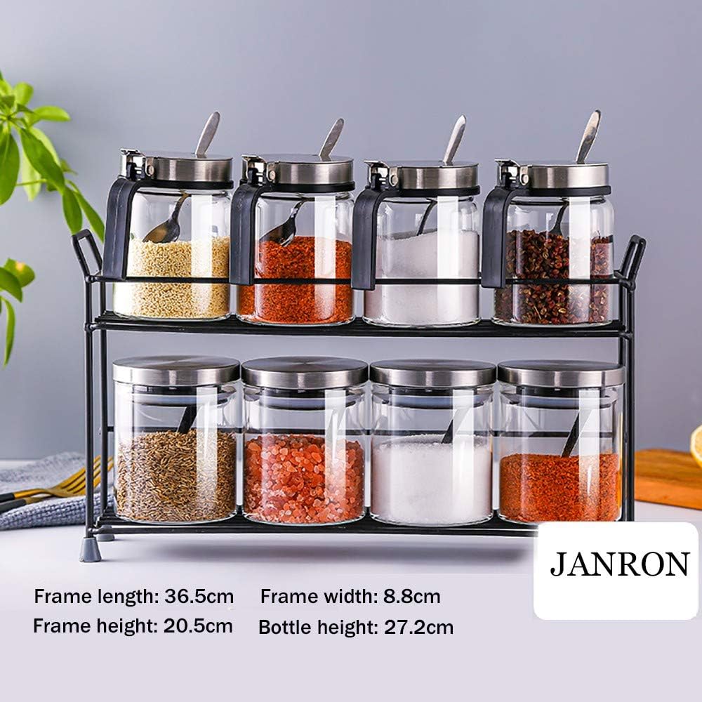 JANRON Transparent Glass Condiment Jar Seasoning Box Set Spice Jar Kitchen Condiment Container Cruet with Lid Spoon Kitchen Utensilswith Tray - 304 Stainless Steel