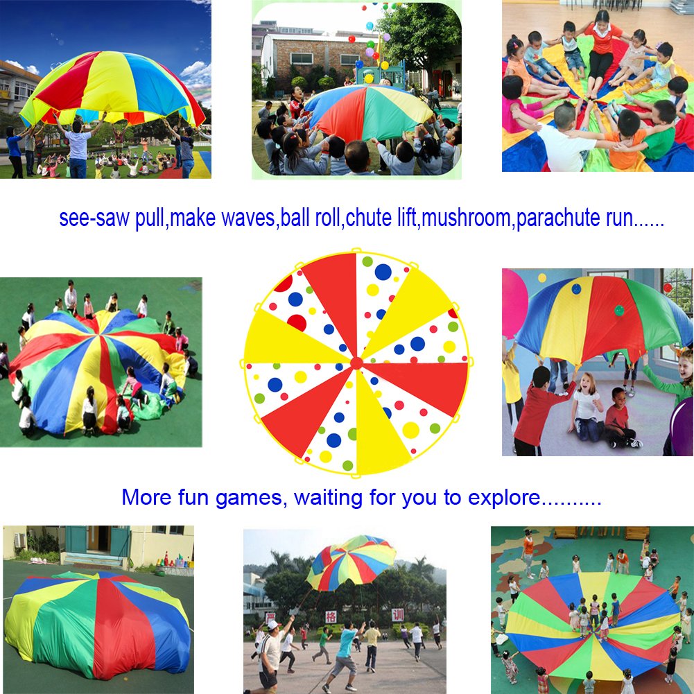 Kids Parachute Game, HUICHUNAG Sports Parachute Indoor&Outdoor 10\' Feet Polka Dot Parachute with 12 Handles(10 feet, Polka Dot)
