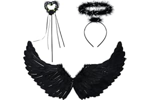 REDSTAR FANCY DRESS 3pc Dark Angel Costume for Women - Black Angel Wings, Angel Halo Headband and Fairy Wand Angel Accessories for Fallen Angel Costume Women - Angel Halloween Costumes for Women