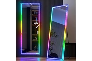 Vlsrka Full Length Mirror with RGB LED Lights, Full Body Lighted Mirror with Crushed Diamond, 63x20 Free Standing Floor Mirror, Wall Mounted Mirror, 7 Color Dimmable & 7 Color Speed Adjustable White