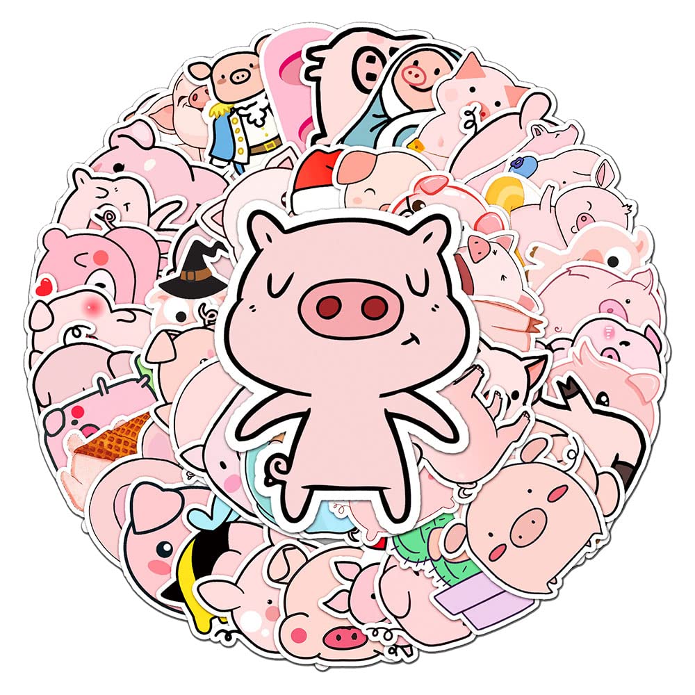 Pink Cartoon Pig Vinyl Stickers, 50 PCS Waterproof Simple Illustrated Animal Character Decals for Laptops, Scrapbooking, Journals, Notebooks, Water Bottles, Suitcases, Phones & DIY Decor