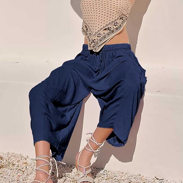 MALINFANDOR WOMEN’S OVERSIZED LOOSE PANTS COTTON LINEN WIDE LEG ELASTIC WAIST RELAX FIT BLOOMERS TROUSERS WITH POCKETS(DARK BLUE,M)