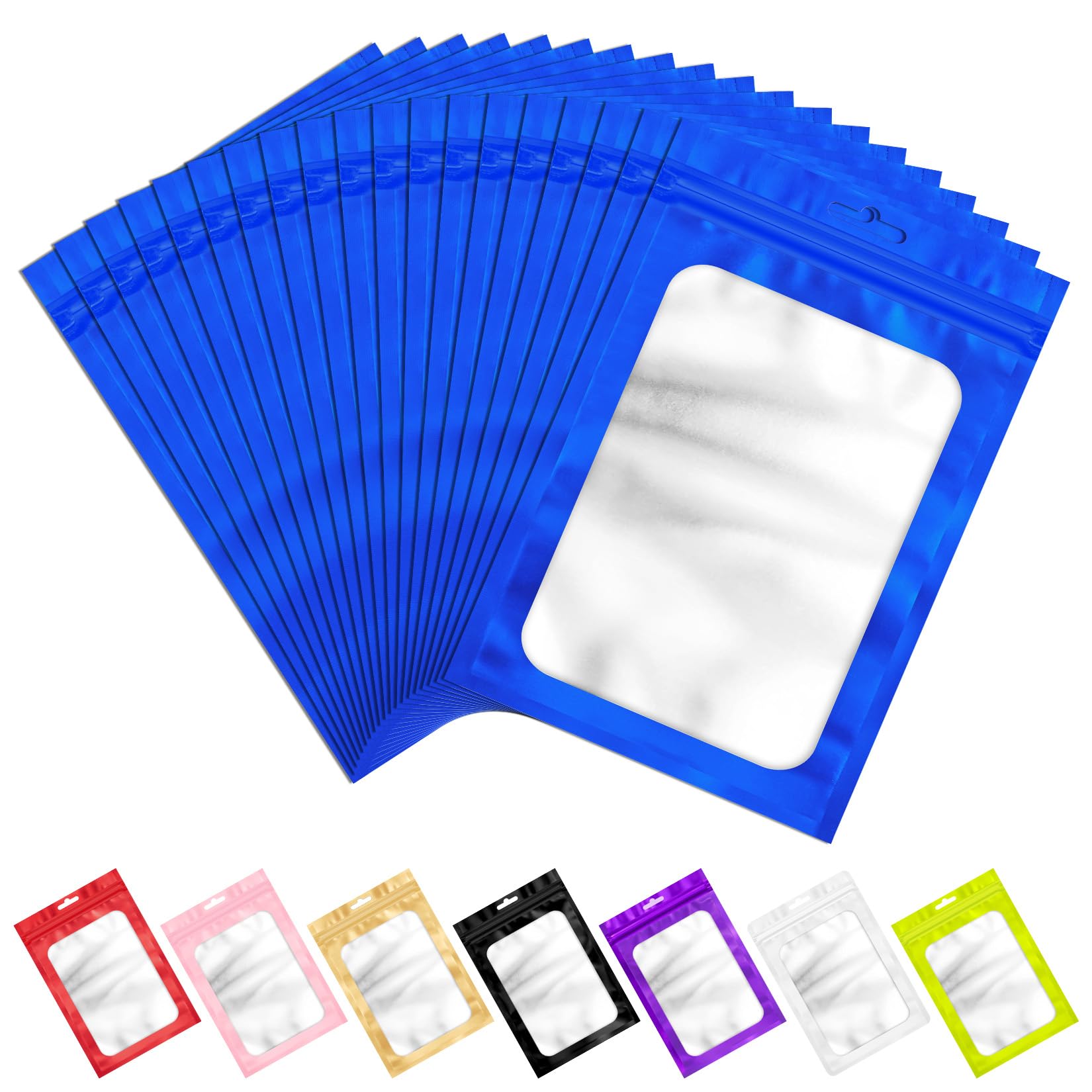 Photo 1 of 100 PCS Resealable Mylar Bags with Frosted Clear Window Packaging Bags Foil Pouch Zipper Bag for Food Self Sealing Storage Supplies (4.72x7.87, Blue)