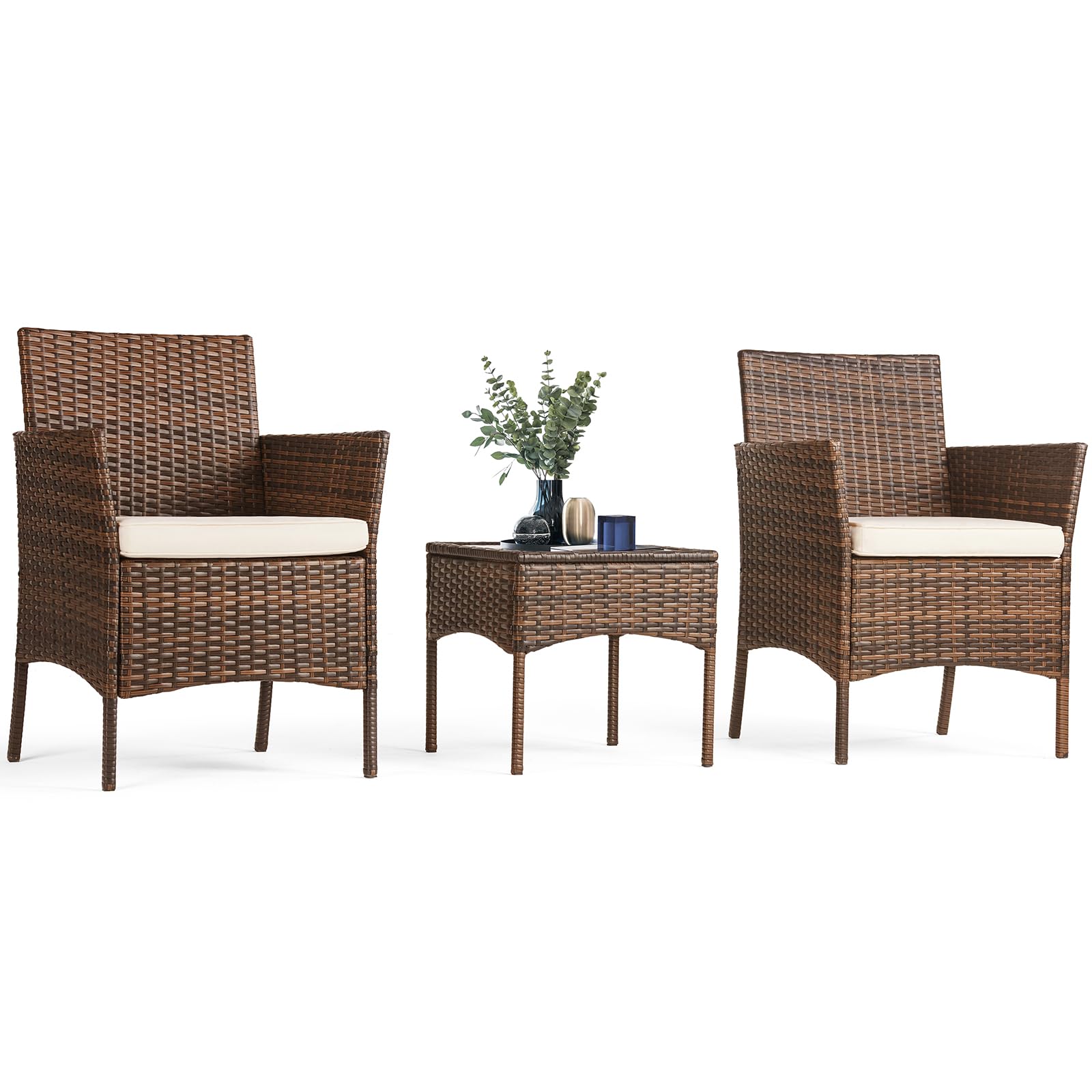 Photo 1 of *MISSING INSTRUCTIONS/ TABLE NOT INCLUIDED* Sweetcrispy Patio Furniture Set 3 Pieces, Outdoor Furniture with Soft Cushion and Glass Table, All Weather Manual Weaving Wicker Rattan Patio Chairs for Garden, Terrace, Porch, Lawn (Brown and Beige)