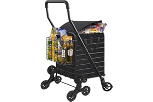 Kiffler Grocery Shopping Cart with Waterproof Liner Stair Climber Utility Cart Easily Collapsible Cart with Tri-Wheels, 66lb Extended Foam Cover, Trolley for Stair, Laundry, Travel (Black-)