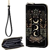 JHYYTUJTYP Zip Around Wallets for Women with Detachable Wrist Strap, Large Capacity RFID Blocking Leather Purse Organizer Card Holder Wristlet,Moon Star Flowers