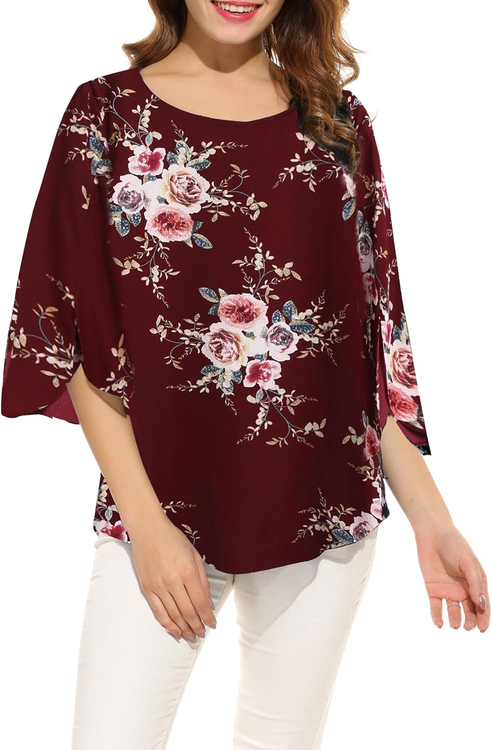 ACEVOG Womens Casual Scoop Neck Loose Top 3/4 Sleeve Chiffon Blouse Shirt Tops: Clothing