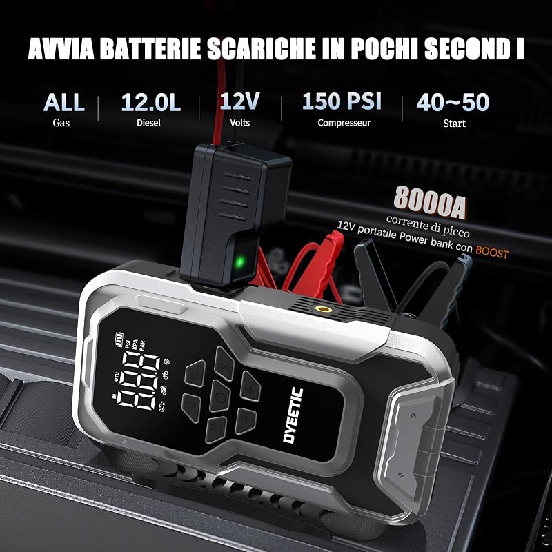 Avviatore Batteria Auto 8000A con Compressore 150PSI, Booster Avviamento per 12V Auto/Motor (All GAS e 12.0L Diesel), Jump Starter Power Bank Avviatore Emergenza con Torcia, Cavi di Avviamento