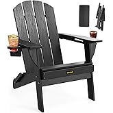 Folding Adirondack Chair, Wooden Textured Plastic Adirondack Chairs with 2 Cup Holder, Weather Resistant HDPE Fire Pit Chair, Outdoor Patio Chairs for Garden, Backyard, Lawn, Deck, 380LBS, Black