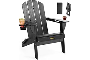 CARAUCI Folding Adirondack Chair, Wooden Textured Plastic Adirondack Chairs with 2 Cup Holder, Weather Resistant HDPE Fire Pit Chair, Outdoor Patio Chairs for Garden, Backyard, Lawn, Deck, 380LBS, Black
