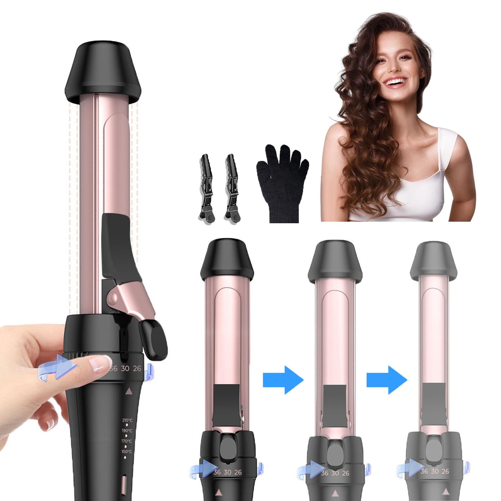 Photo 1 of 3 in 1 Curling Iron Curling Wand,No Need to Switch Head,A Twist to Switch 3 Size Travel 1 Inch Hair Curler,4 Adjustable Temp Double Voltage 1 1/4Inch Wand Curling Iron 1 1/2Inch Magic Hair Wand Curler