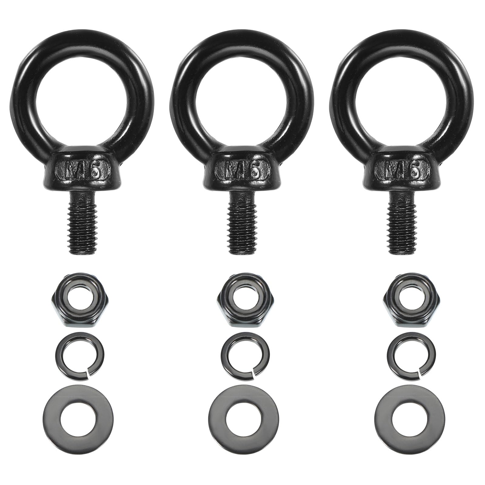 PATIKIL M6x12mm Lifting Shoulder Eye Bolt, 3Pcs 304 Stainless Steel Lifting Ring Threaded Eyebolt with Hex Lock Nut/Lock Washer/Flat Washer for Hanging Hammocks Articles, Black