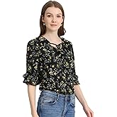 Allegra K Women's Ruffled Neck Floral Blouse Tie Neck Ruffle Sleeve Chiffon Top