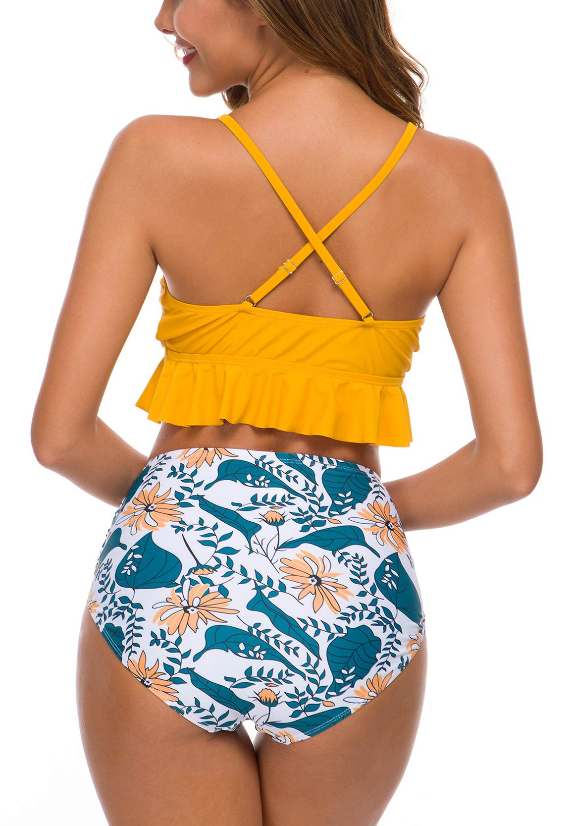 Two Piece Falbala Ruffle Bikini Set, Women\'s Yellow and Leaves Print Swimwear Bathing Suits, Yellow, XL
