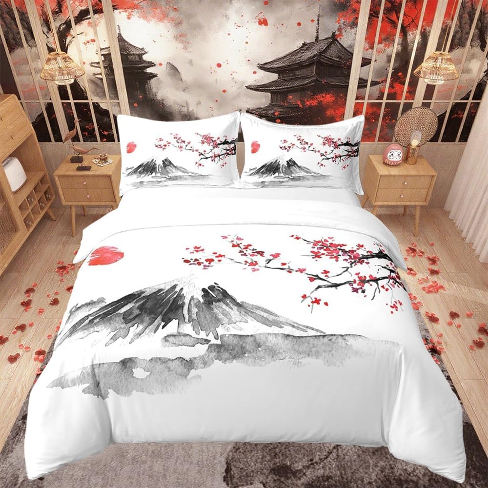 Japanese Style Cotton Duvet Cover Set Single Set Exotic Fuji Mountain Printed Bedding Set Girls Women Men Cherry Blossom Comforter Cover Soft Cotton Soft Red Floral Bedspread Cover with Ties