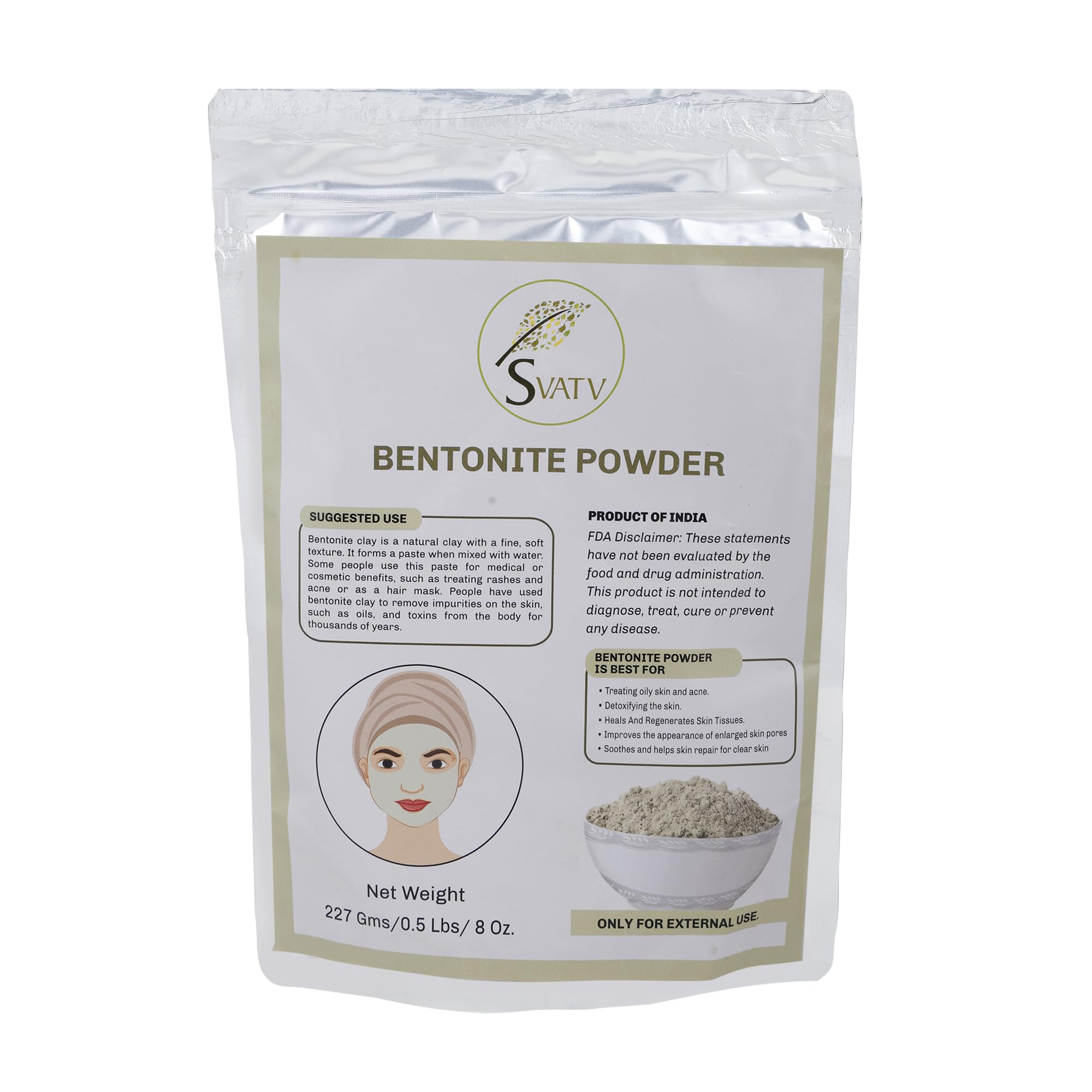 SVATV Bentonite Clay Powder Natural Face Packs and Face Mask Formulations Nourishes Exfoliants, Soft & Glowing Skin and Detoxifies Face Mask Skin Care - 227g