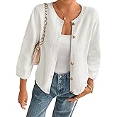 Cicy Bell Womens 3/4 Puff Sleeve Cardigan Sweater Fall Trendy Casual Button Up Loose Fit Cropped Knit Sweaters White