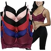 ToBeInStyle Women's Pack of 6 Full Coverage Padded Bras - Wired T-Shirt Bras with Rose Lace Wings